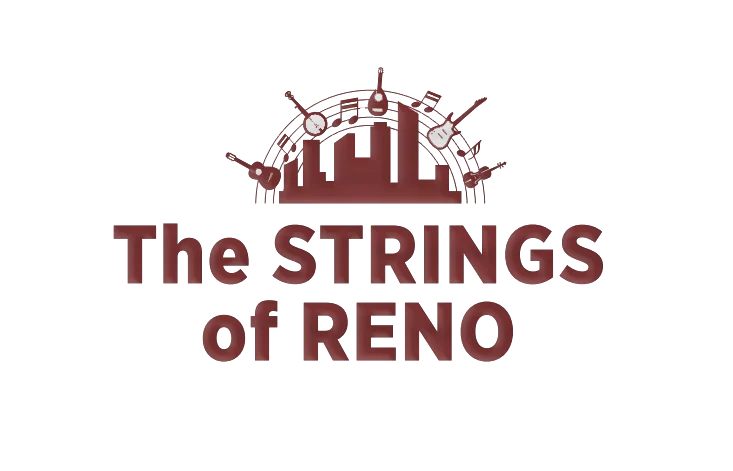 The Strings of Reno logo featuring a stylized cityscape with musical instruments and notes in maroon